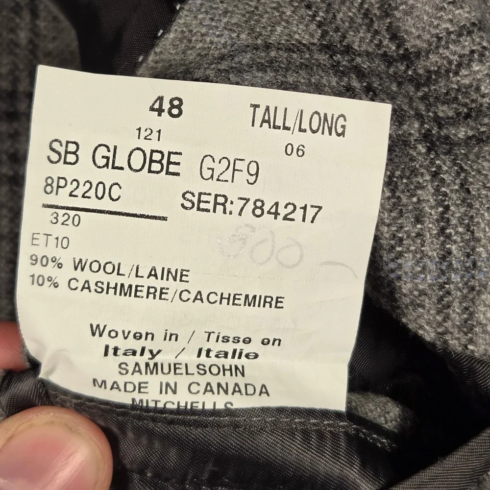 Samuelsohn Blazer E. Thomas Wool Cashmere Plaid Sport Coat Grey 48 Long NWOT